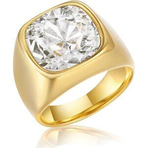 Stainless Steel Golden Chunky Square Diamond Rings for Men, Unique 18k Trendy